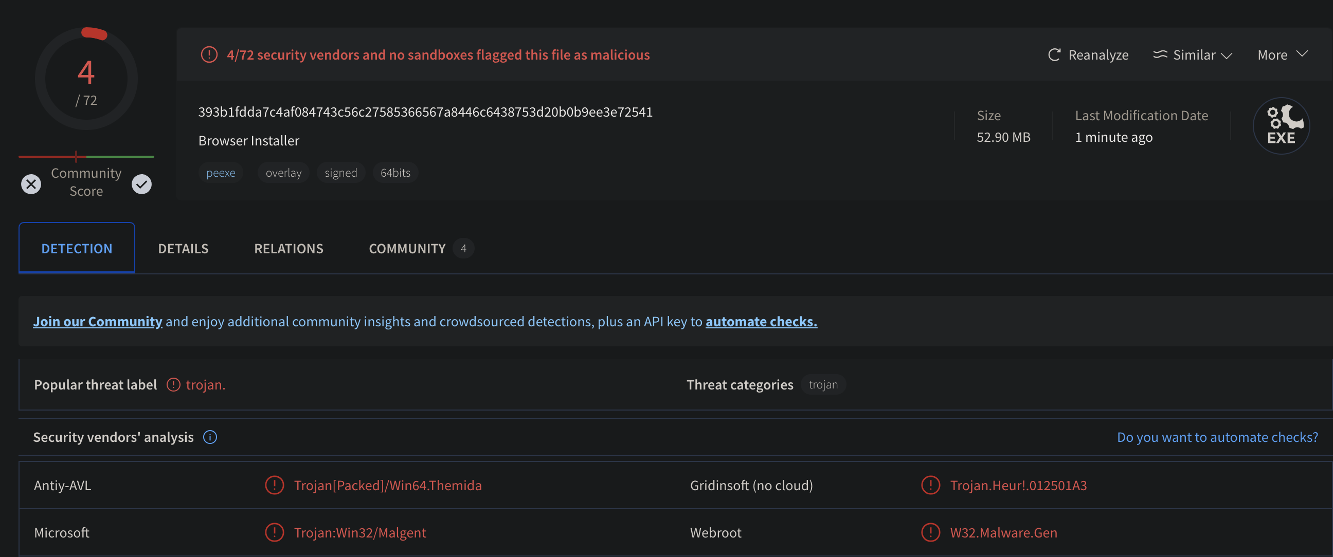 Figure 9. VirusTotal Detections page for BrowserUpdate.exe